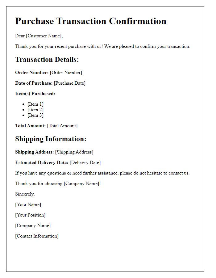 Letter template of purchase transaction confirmation