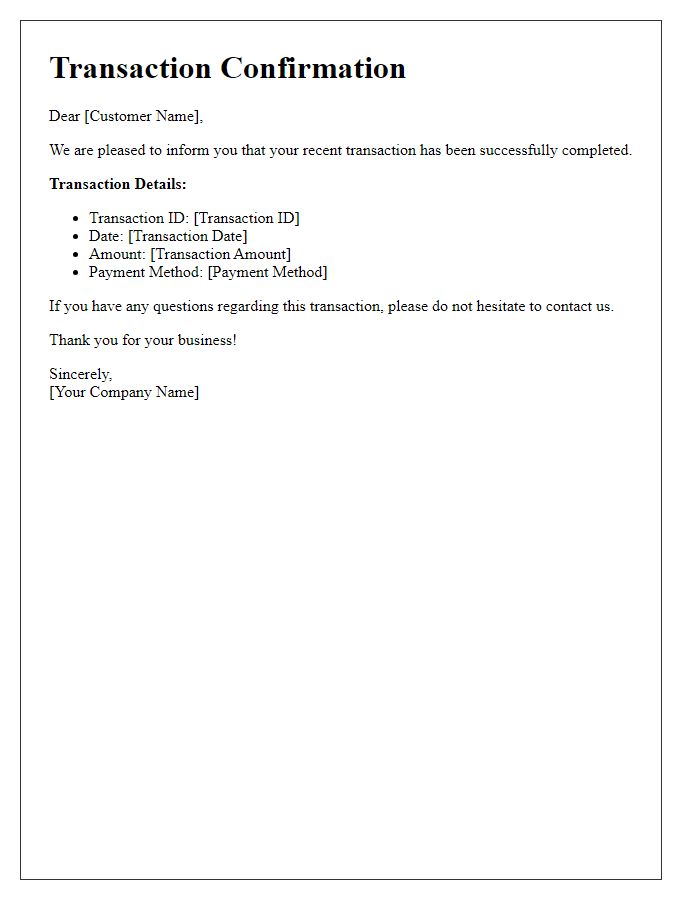 Letter template of successful transaction confirmation