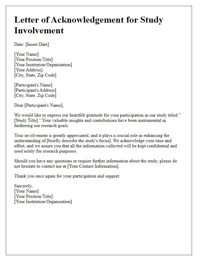 Letter template of acknowledgement for study involvement