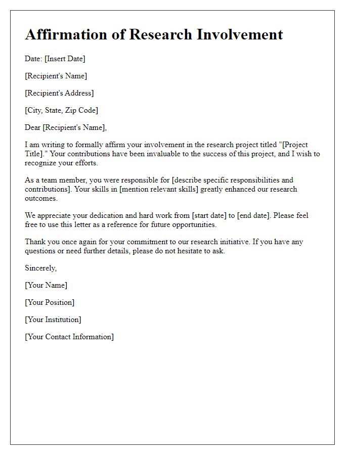 Letter template of affirmation for research involvement