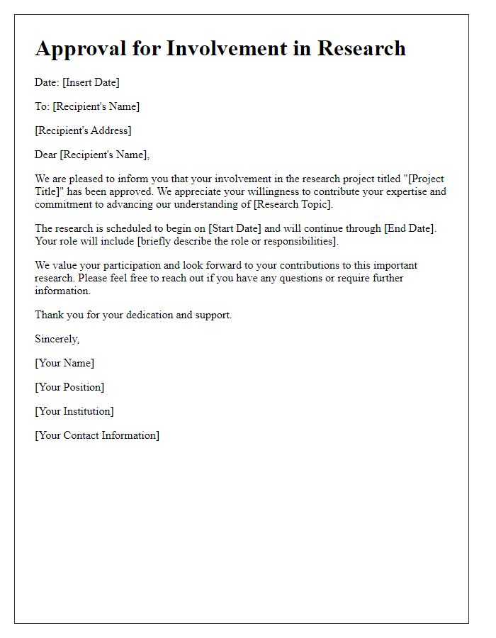 Letter template of approval for involvement in research