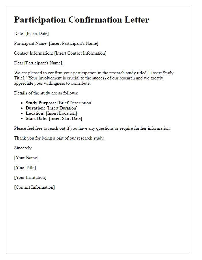 Letter template of participation confirmation for research study