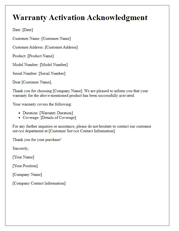 Letter template of warranty activation acknowledgment