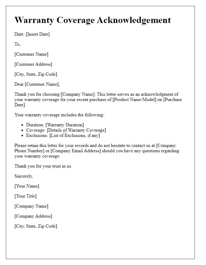 Letter template of warranty coverage acknowledgement