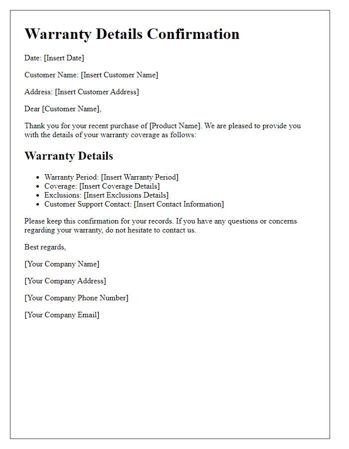 Letter template of warranty details confirmation