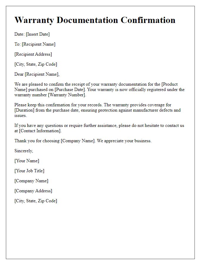 Letter template of warranty documentation confirmation