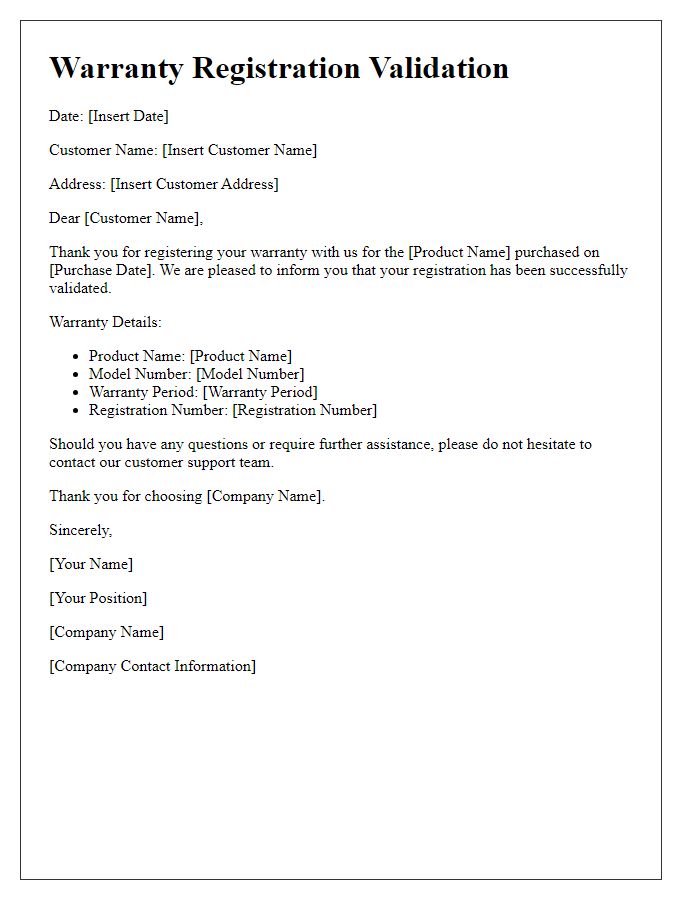 Letter template of warranty registration validation