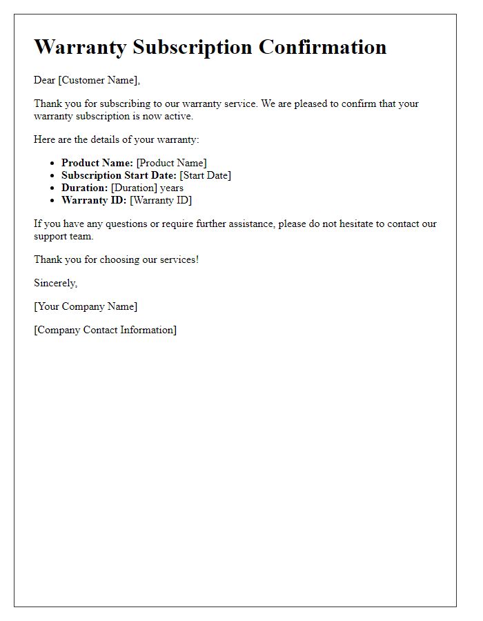 Letter template of warranty subscription confirmation