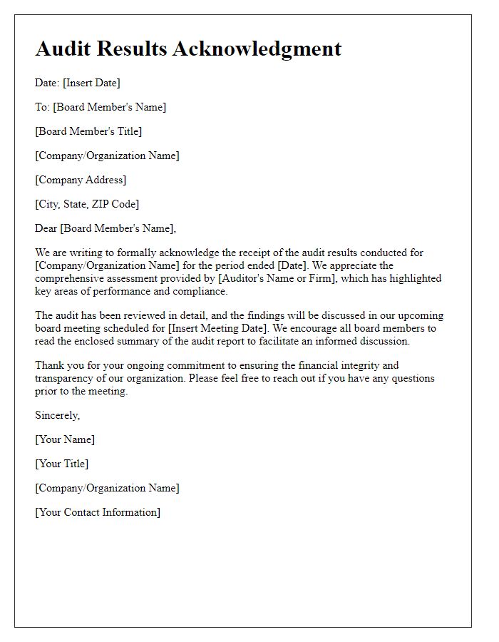 Letter template of audit results acknowledgment for board members