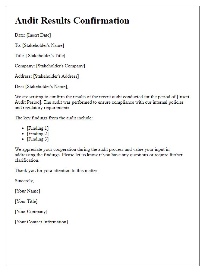 Letter template of audit results confirmation for stakeholders