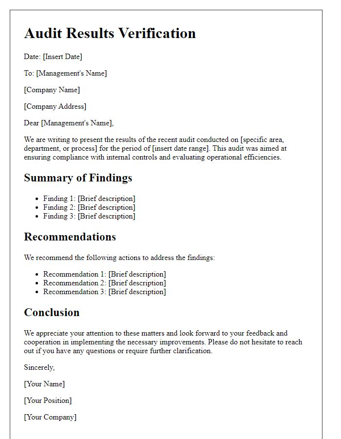 Letter template of audit results verification for management