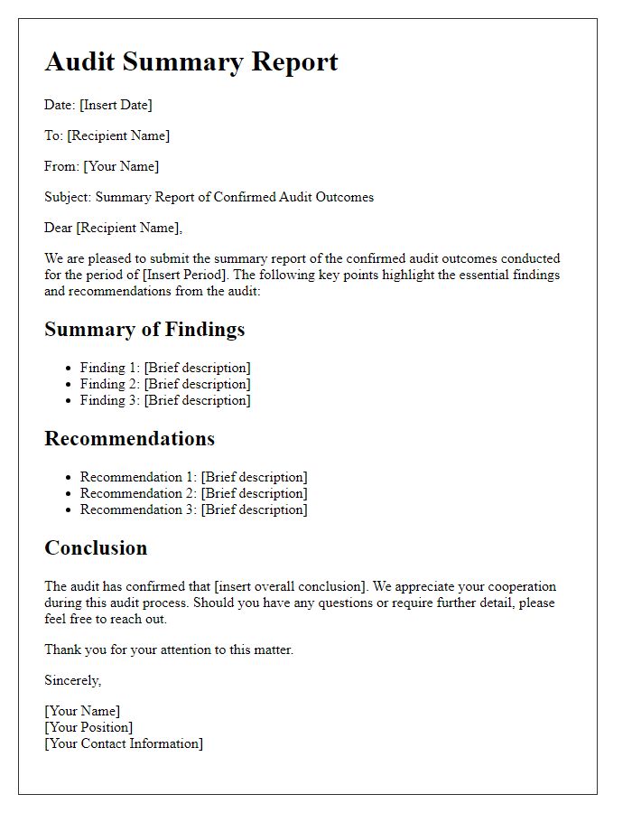 Letter template of summary report for confirmed audit outcomes