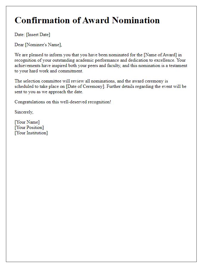 Letter template of award nomination confirmation for academic excellence