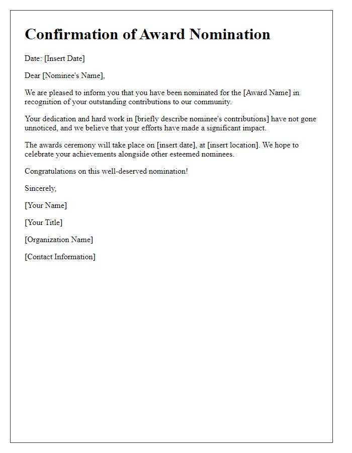 Letter template of award nomination confirmation for community achievement