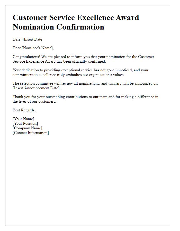 Letter template of award nomination confirmation for customer service excellence