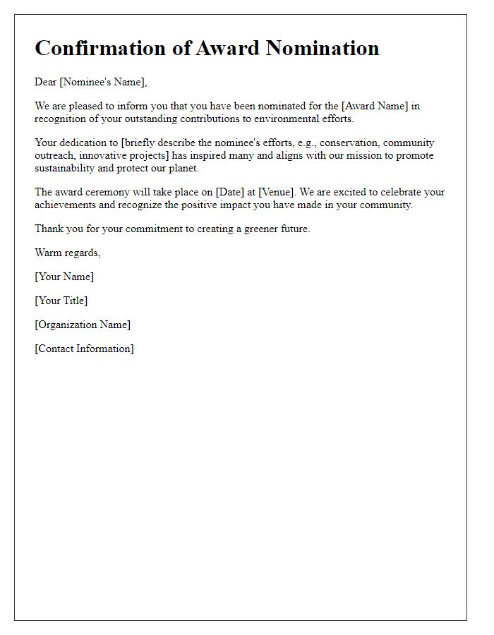 Letter template of award nomination confirmation for environmental efforts