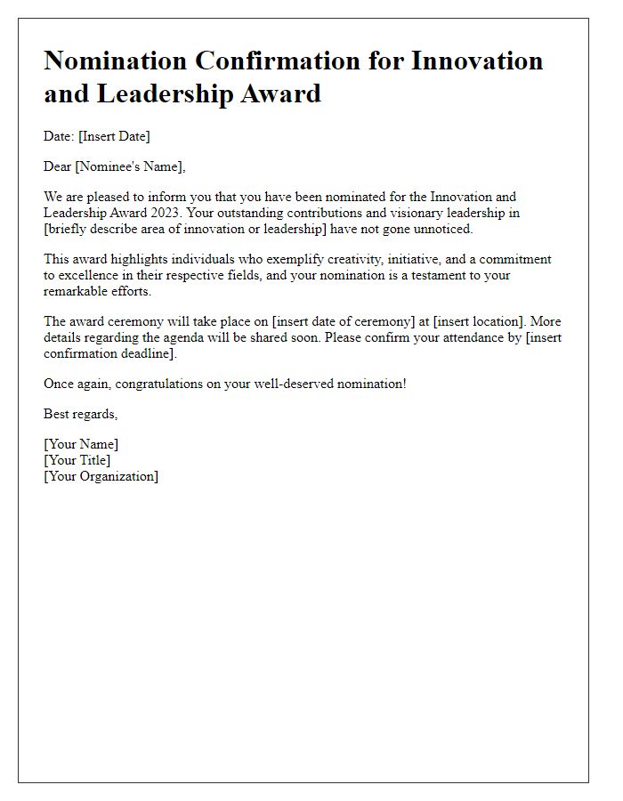 Letter template of award nomination confirmation for innovation and leadership