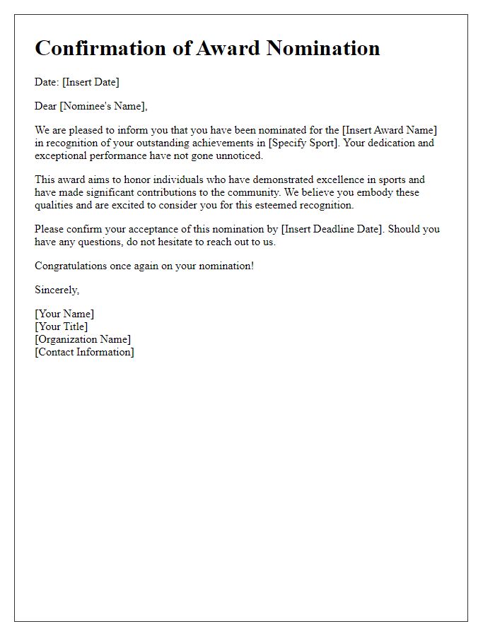 Letter template of award nomination confirmation for sports achievements