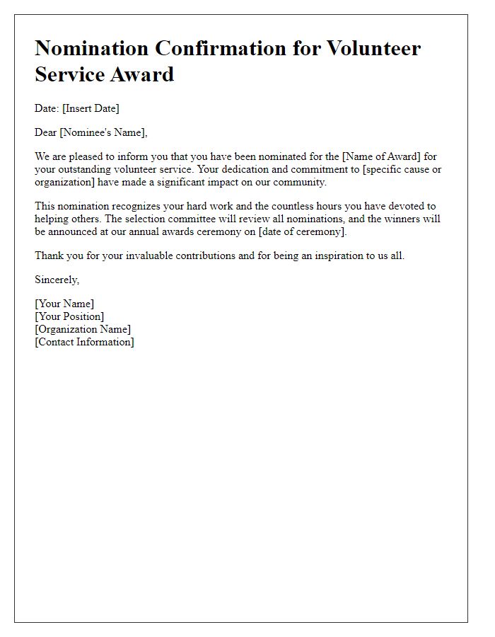 Letter template of award nomination confirmation for volunteer service