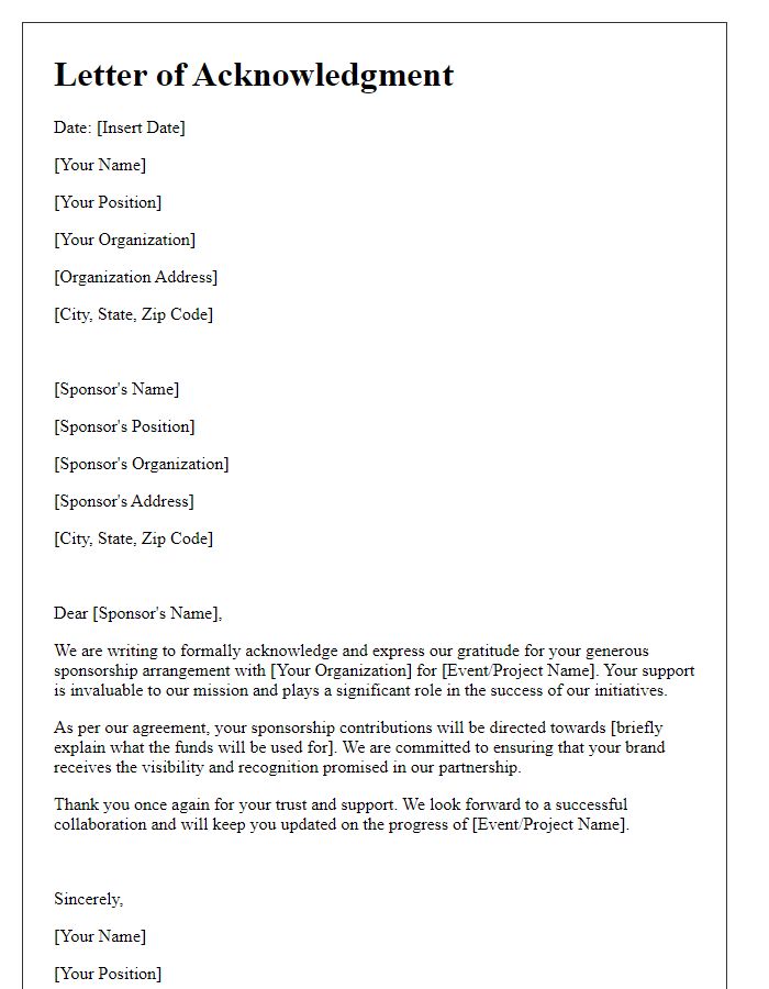 Letter template of acknowledgment for sponsorship arrangement