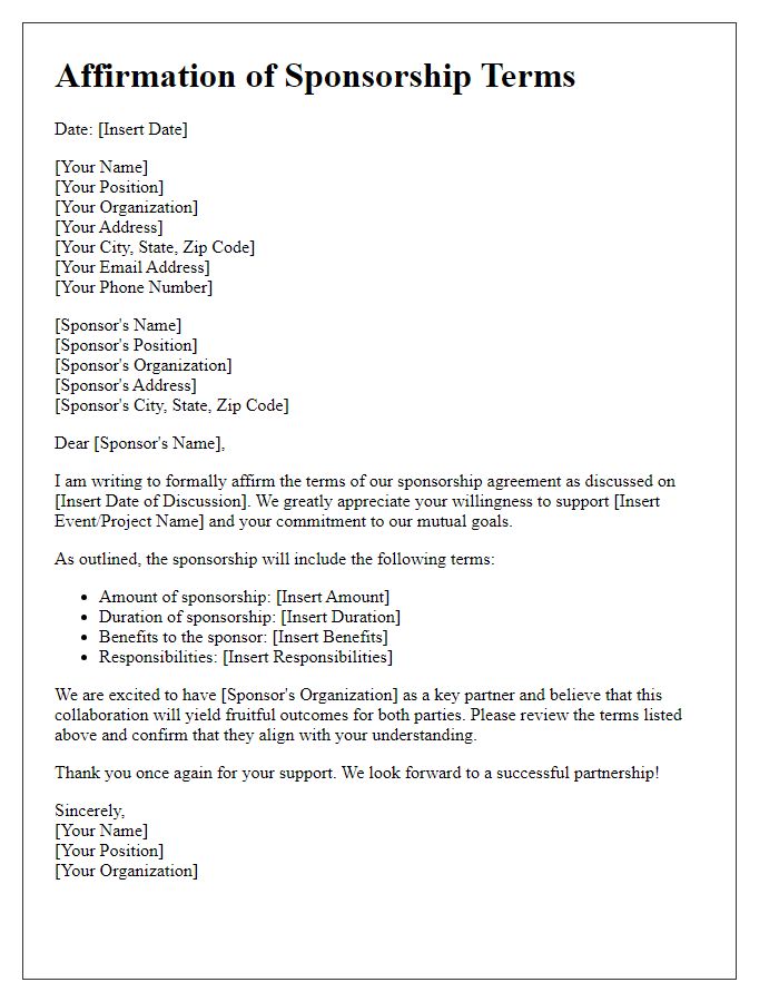 Letter template of affirmation for sponsorship terms