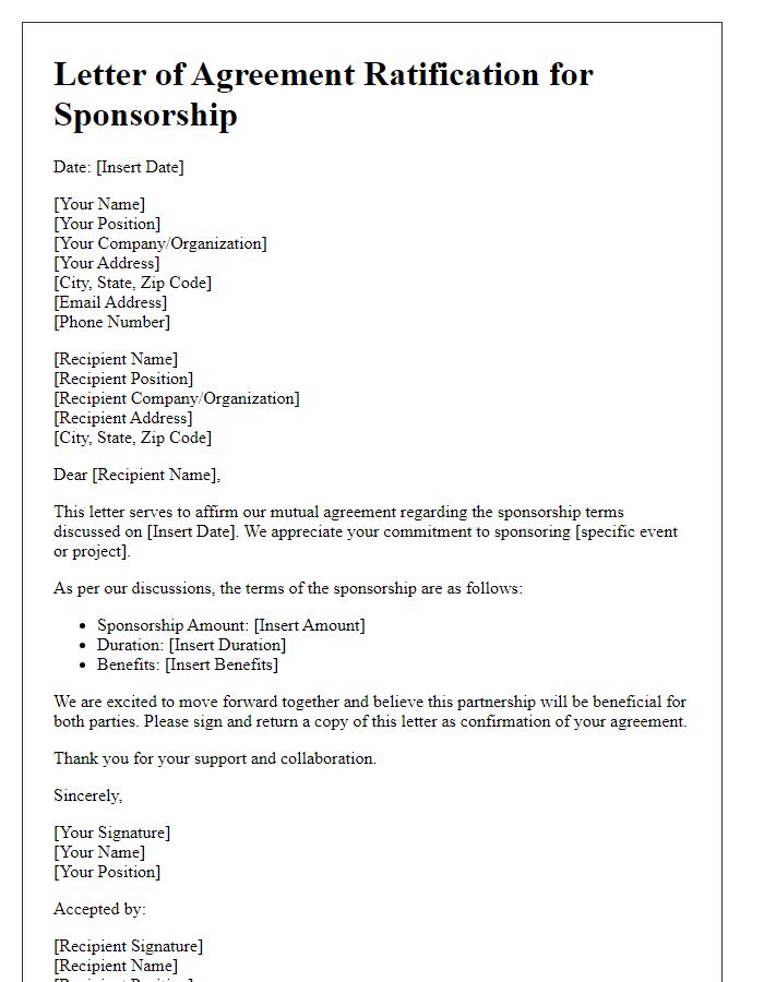 Letter template of agreement ratification for sponsorship