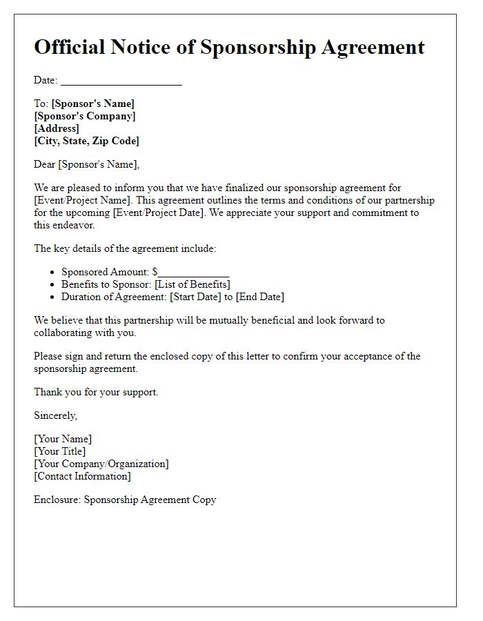 Letter template of official notice for sponsorship agreement