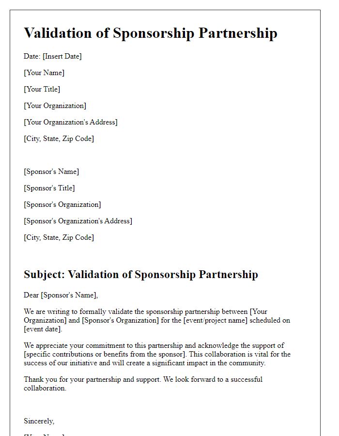 Letter template of validation for sponsorship partnership