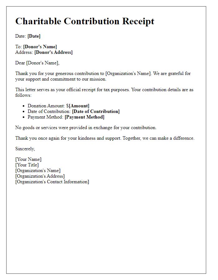 Letter template of charitable contribution receipt for donor acknowledgment.