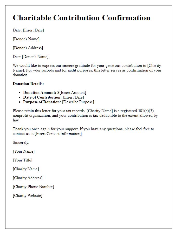 Letter template of charitable contributions confirmation for audit purposes.