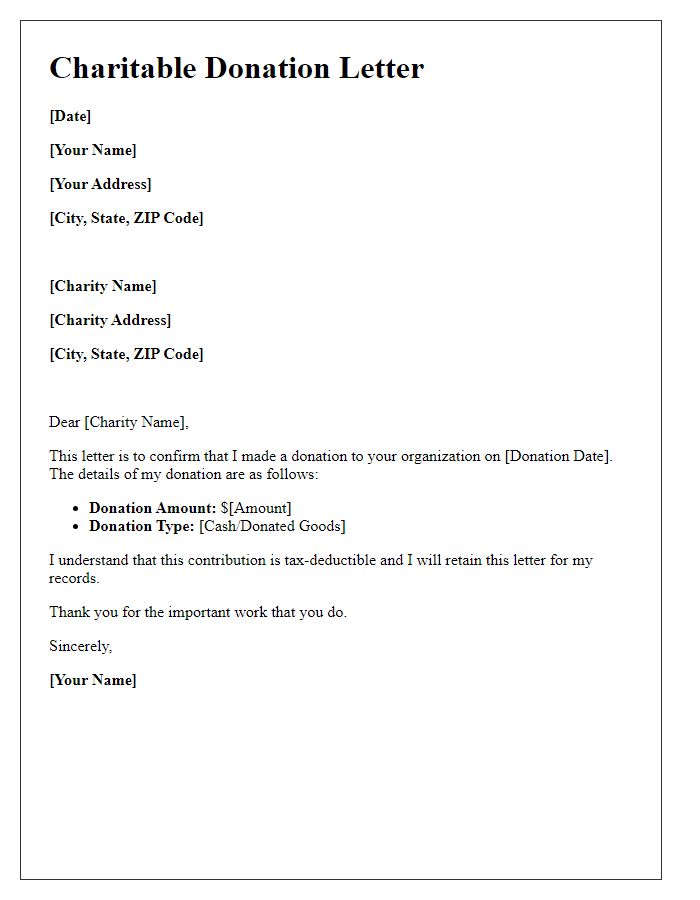 Letter template of charitable donation letter for tax purposes.