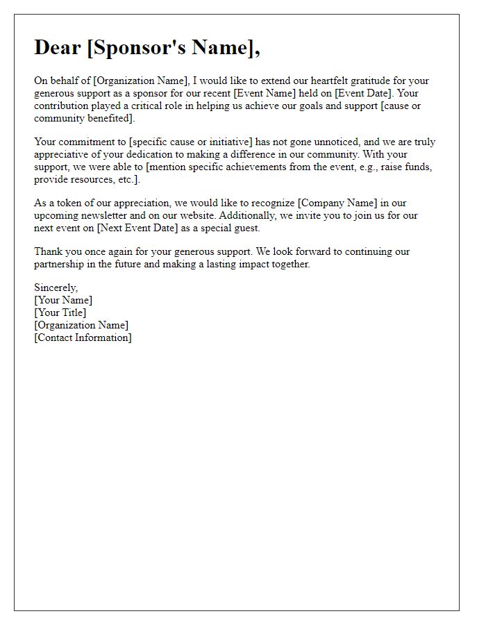 Letter template of charitable donation recognition for event sponsors.