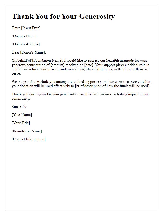 Letter template of charitable gift acknowledgment for foundation support.