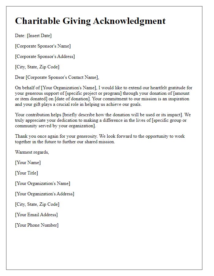 Letter template of charitable giving acknowledgment for corporate sponsors.