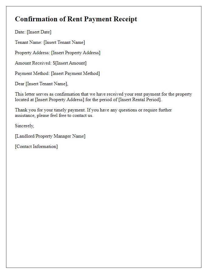 Letter template of Confirmation of Rent Payment Receipt