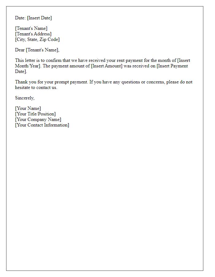 Letter template of Confirmation for Received Rent Payment