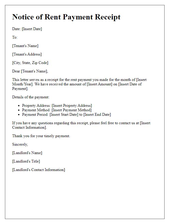 Letter template of Notice of Rent Payment Receipt