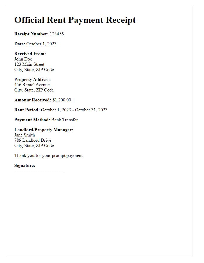 Letter template of Official Rent Payment Receipt