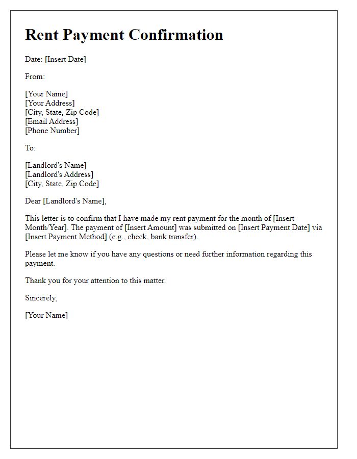 Letter template of Rent Payment Confirmation Letter