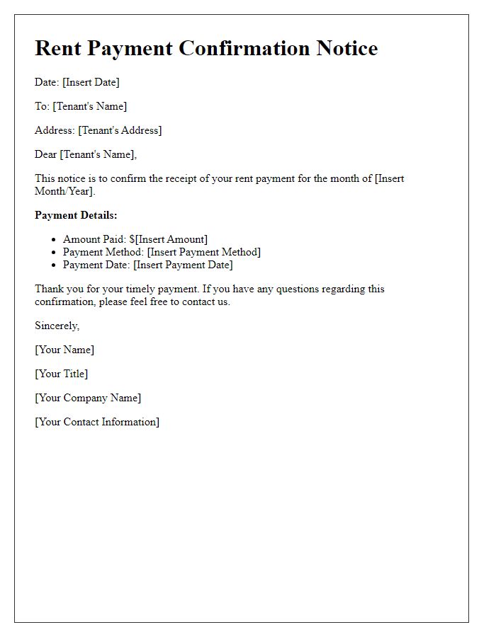 Letter template of Rent Payment Confirmation Notice