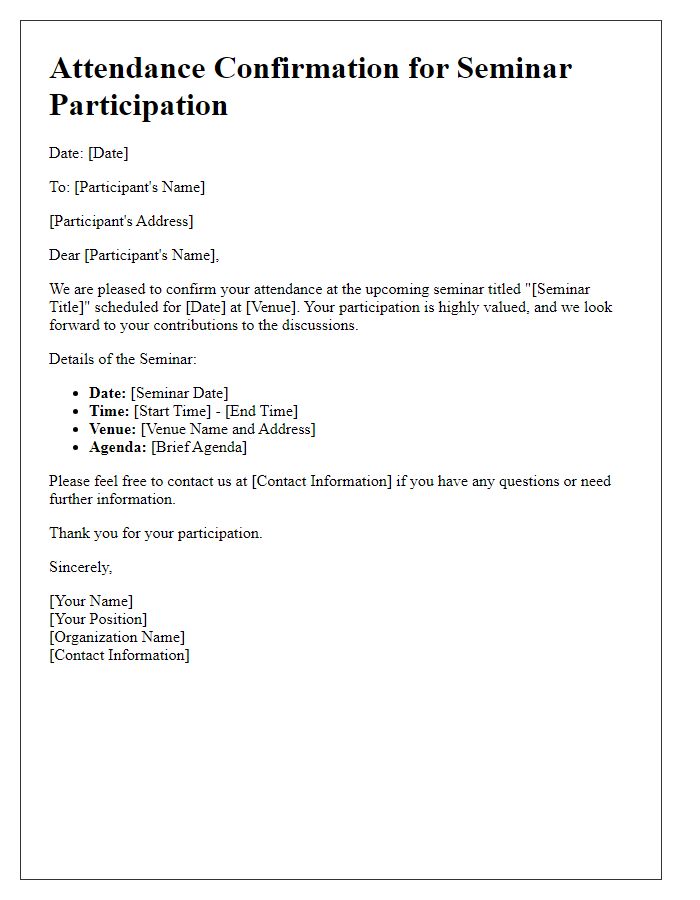 Letter template of attendance confirmation for seminar participation