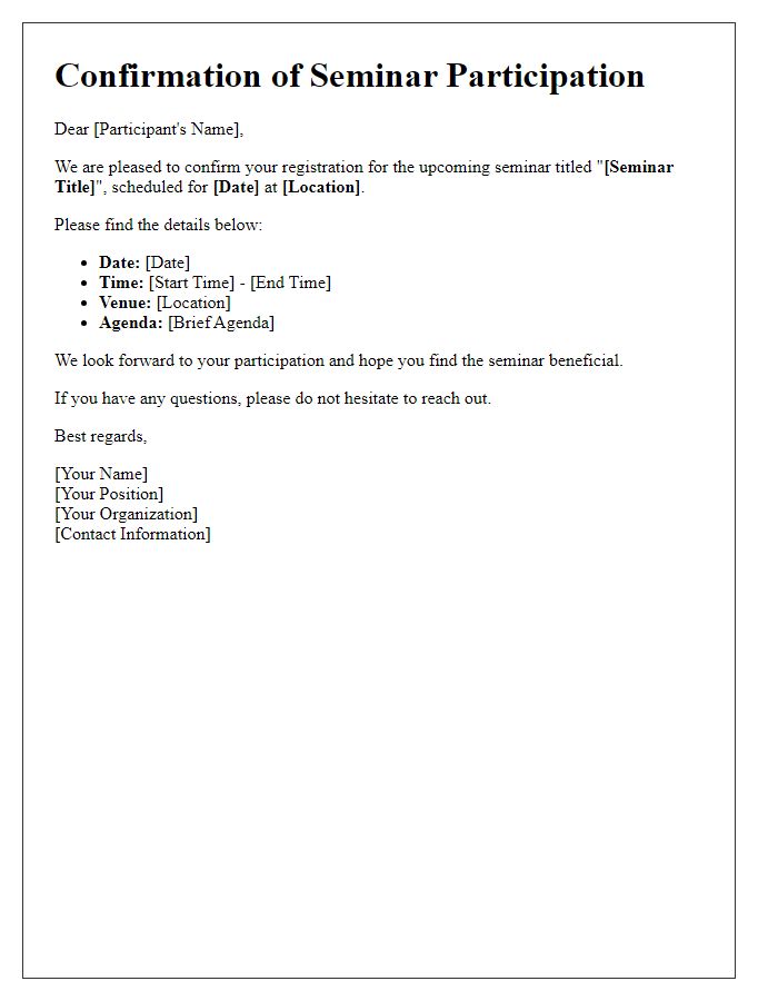 Letter template of confirmation for joining the seminar