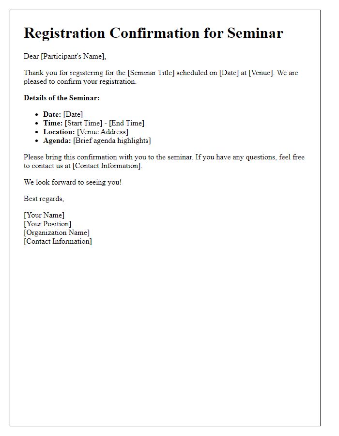 Letter template of registration confirmation for seminar