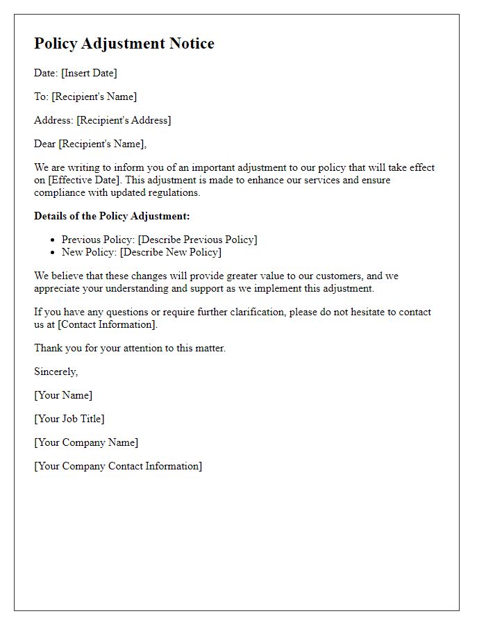 Letter template of policy adjustment notice