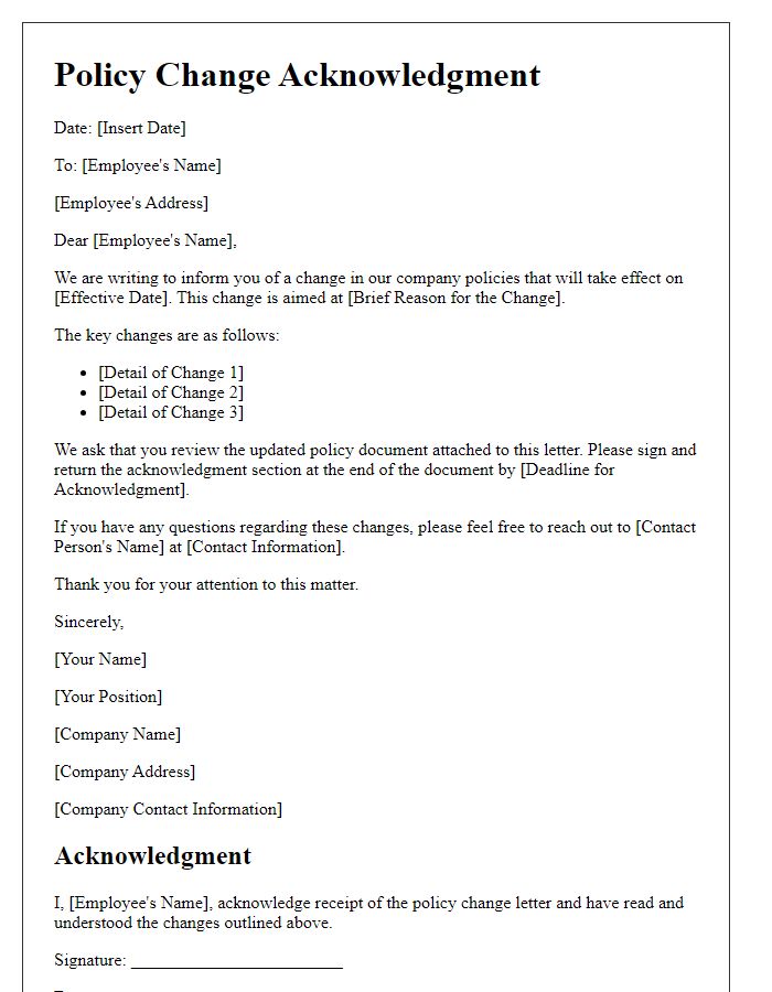 Letter template of policy change acknowledgment