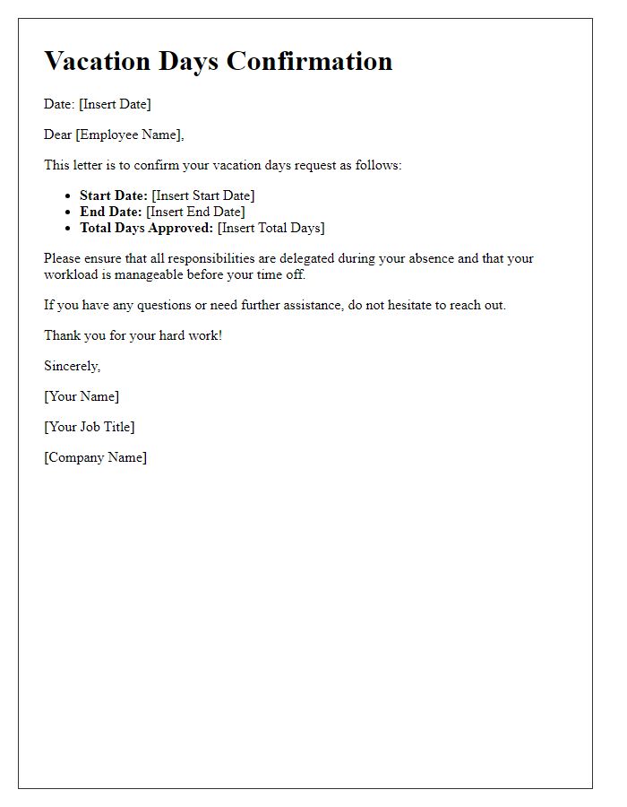 Letter template of vacation days confirmation