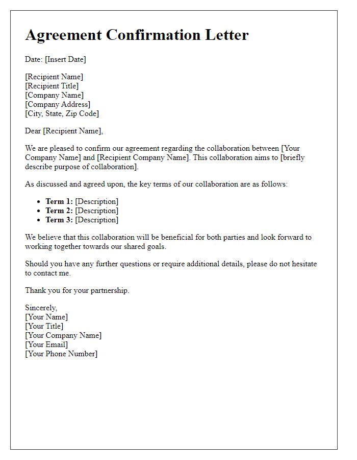 Letter template of agreement confirmation for business collaboration.