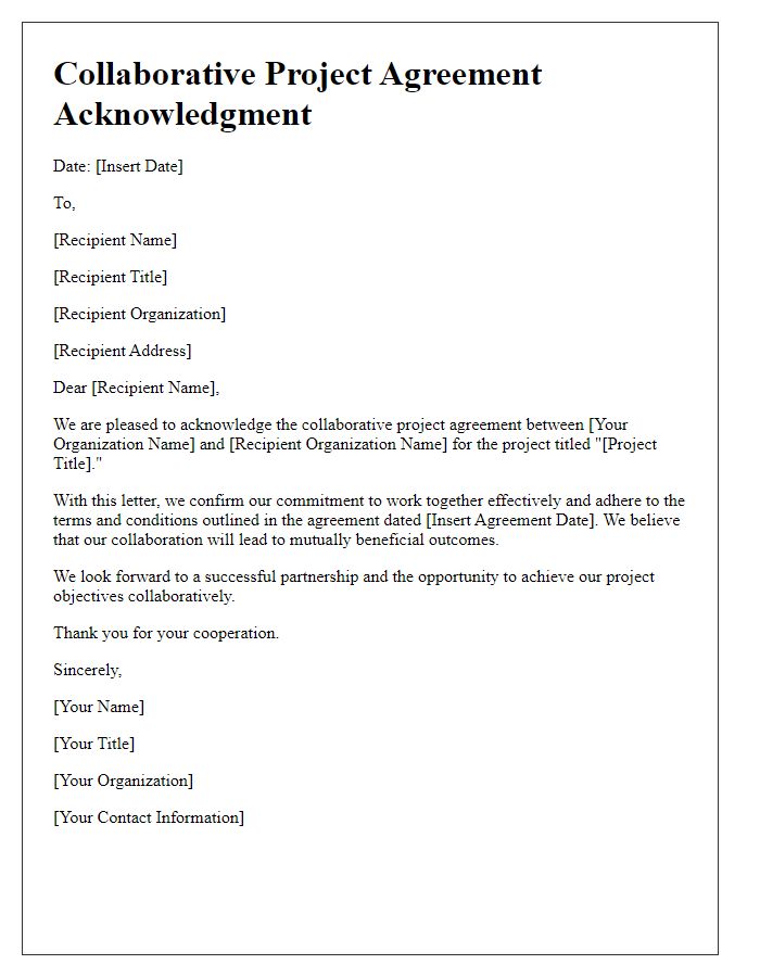 Letter template of collaborative project agreement acknowledgment.