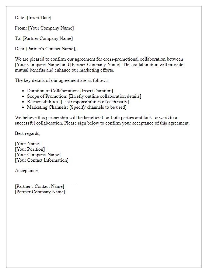 Letter template of confirmation for cross-promotional collaboration agreement.