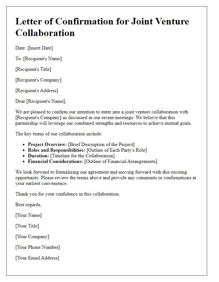 Letter template of confirmation for joint venture collaboration.